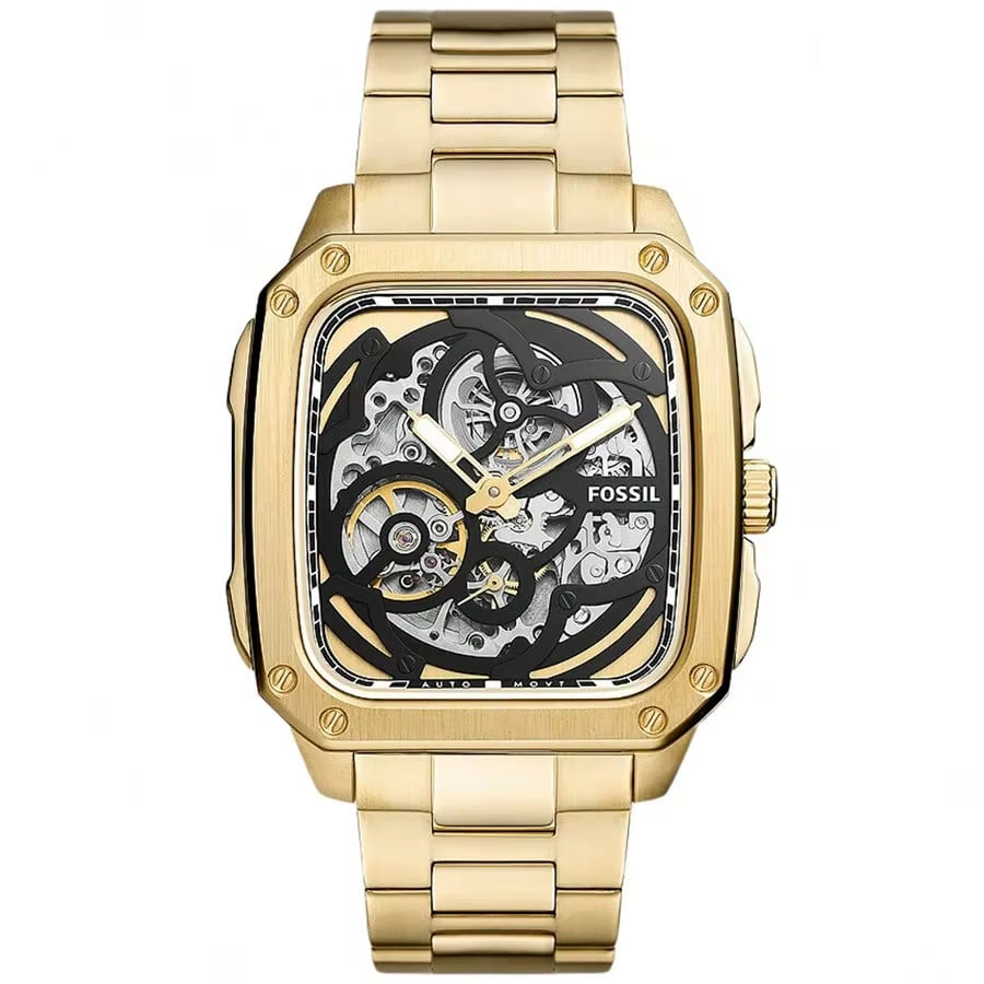 Automatic Skeleton Gold Dial Gold Steel Strap Watch for Men Hollow Out Design Trendy and Fashionable Suitable Watches Man