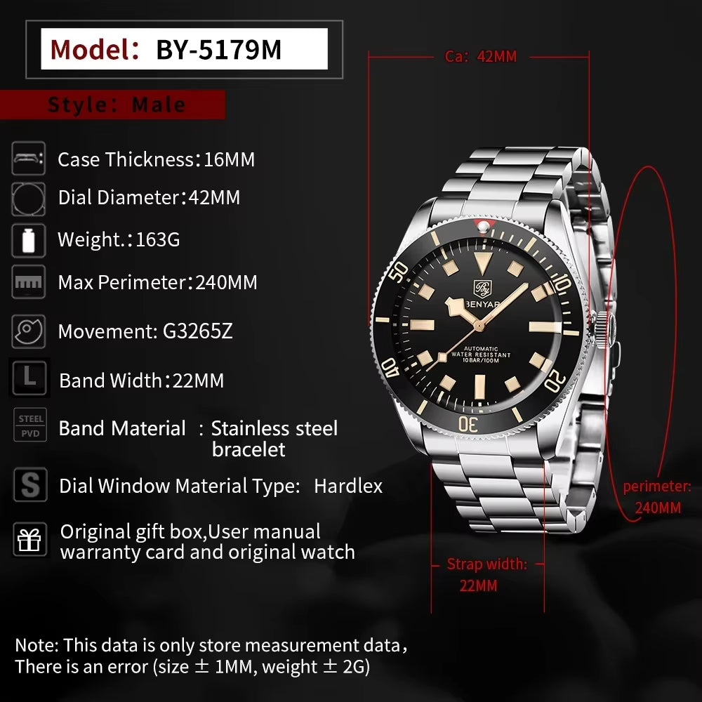 BENYAR Men'S Watches Mechanical Automatic Watch BB58 Sport Watch for Men 2025 Stainless Steel Waterproof Business Luminous Clock