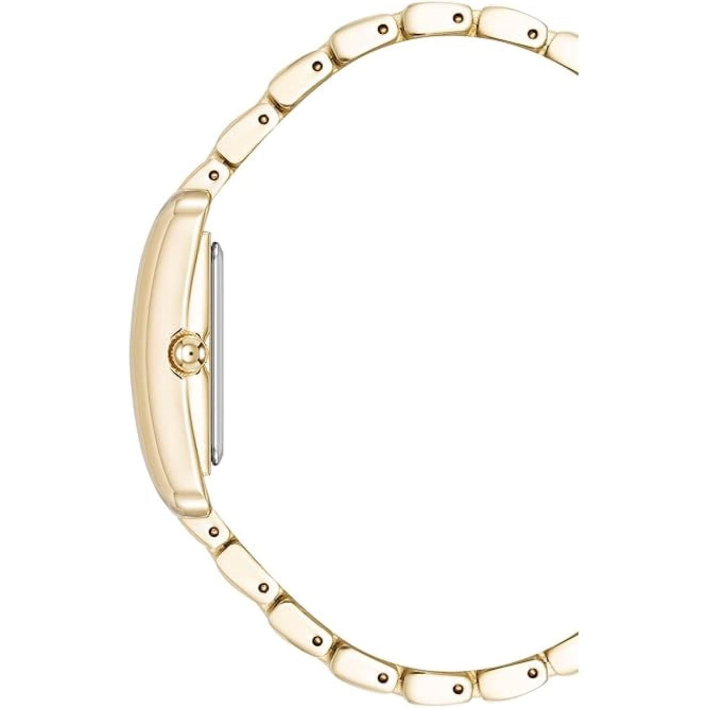 Anne Klein AK/5060BKGB women’s dress watch with slim gold-tone rectangular case and multi-link bracelet shown in side profile.