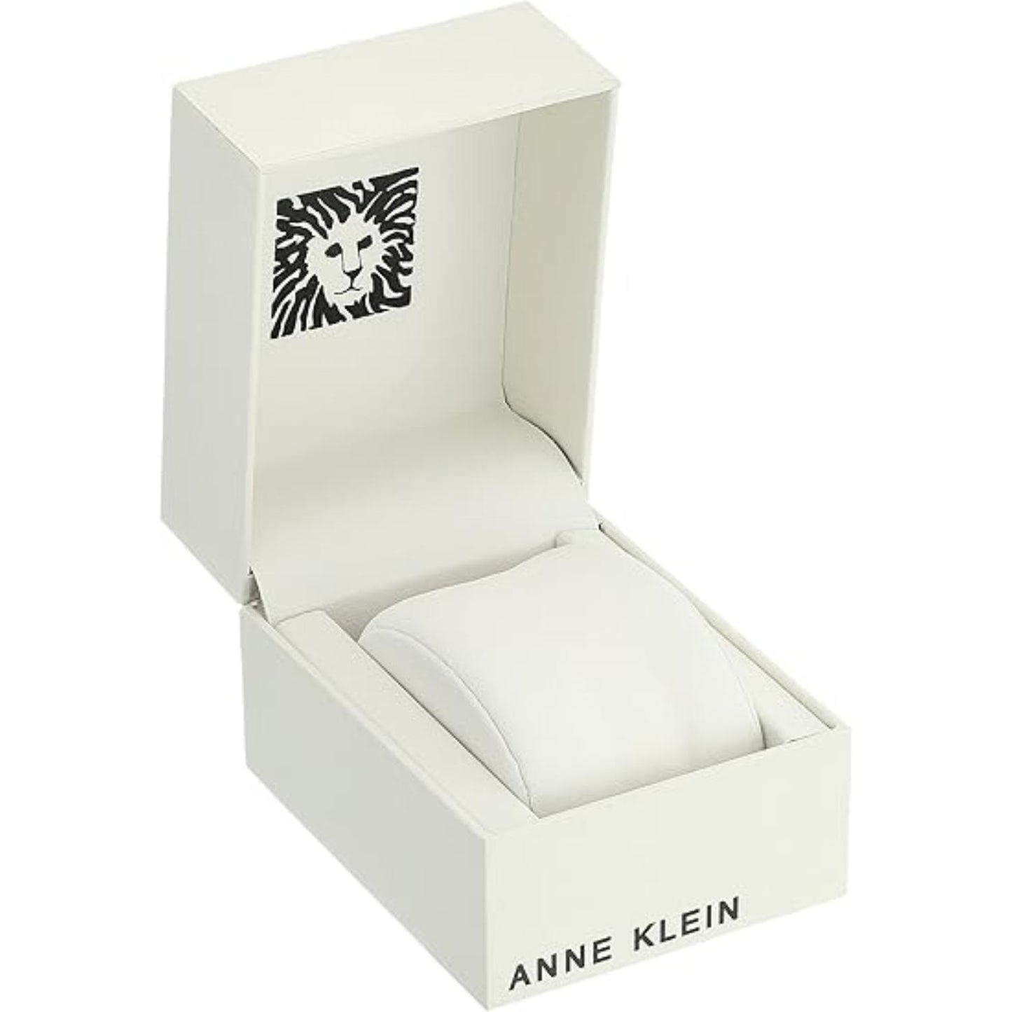 Original Anne Klein watch presentation box in white finish with padded interior cushion and Anne Klein lion logo detail.