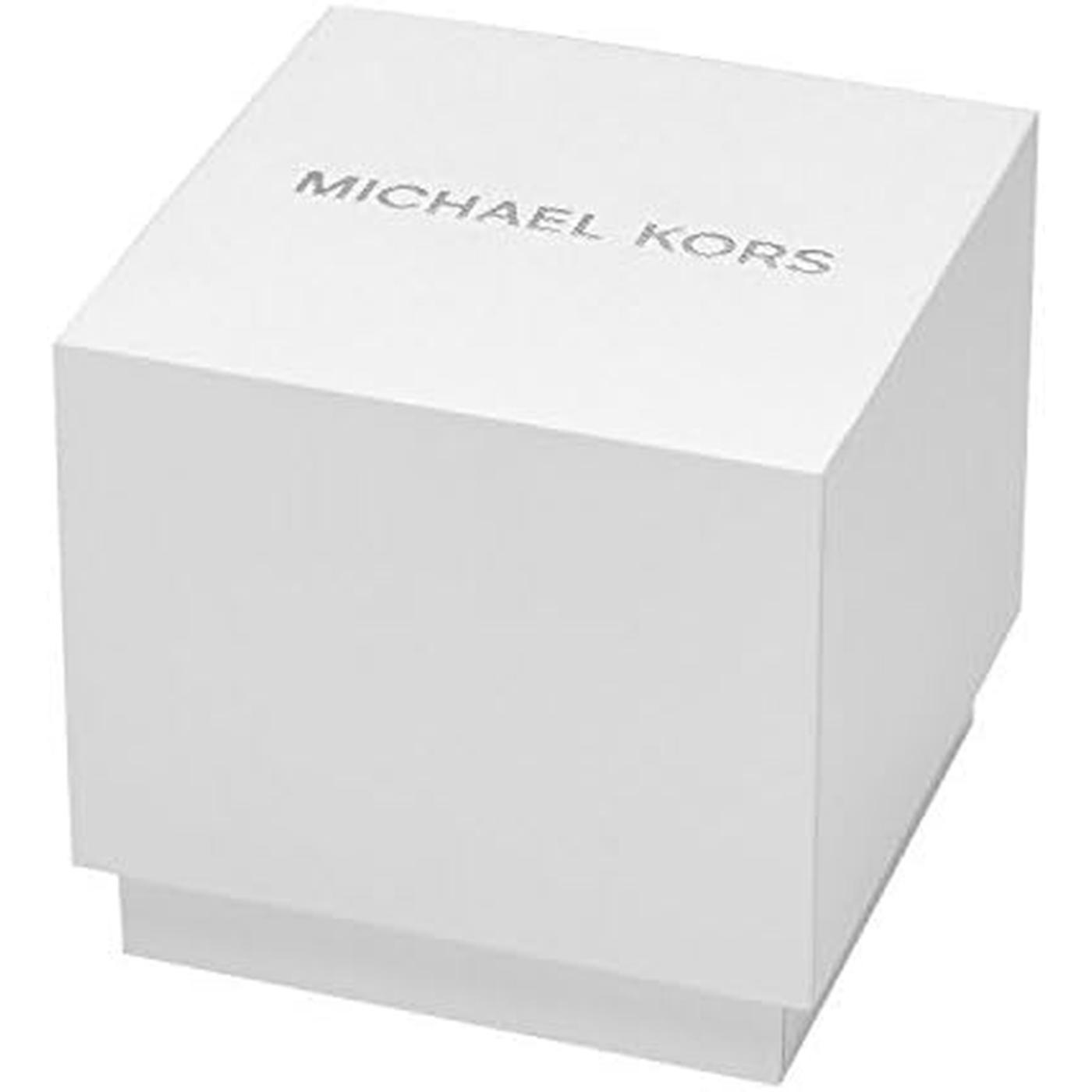 Vista frontal de la caja original Michael Kors blanca para reloj, usada como embalaje y presentación del producto.