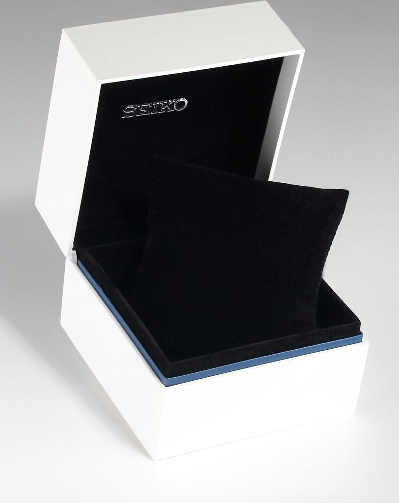 caja original Seiko abierta en color blanco con interior acolchado negro para reloj