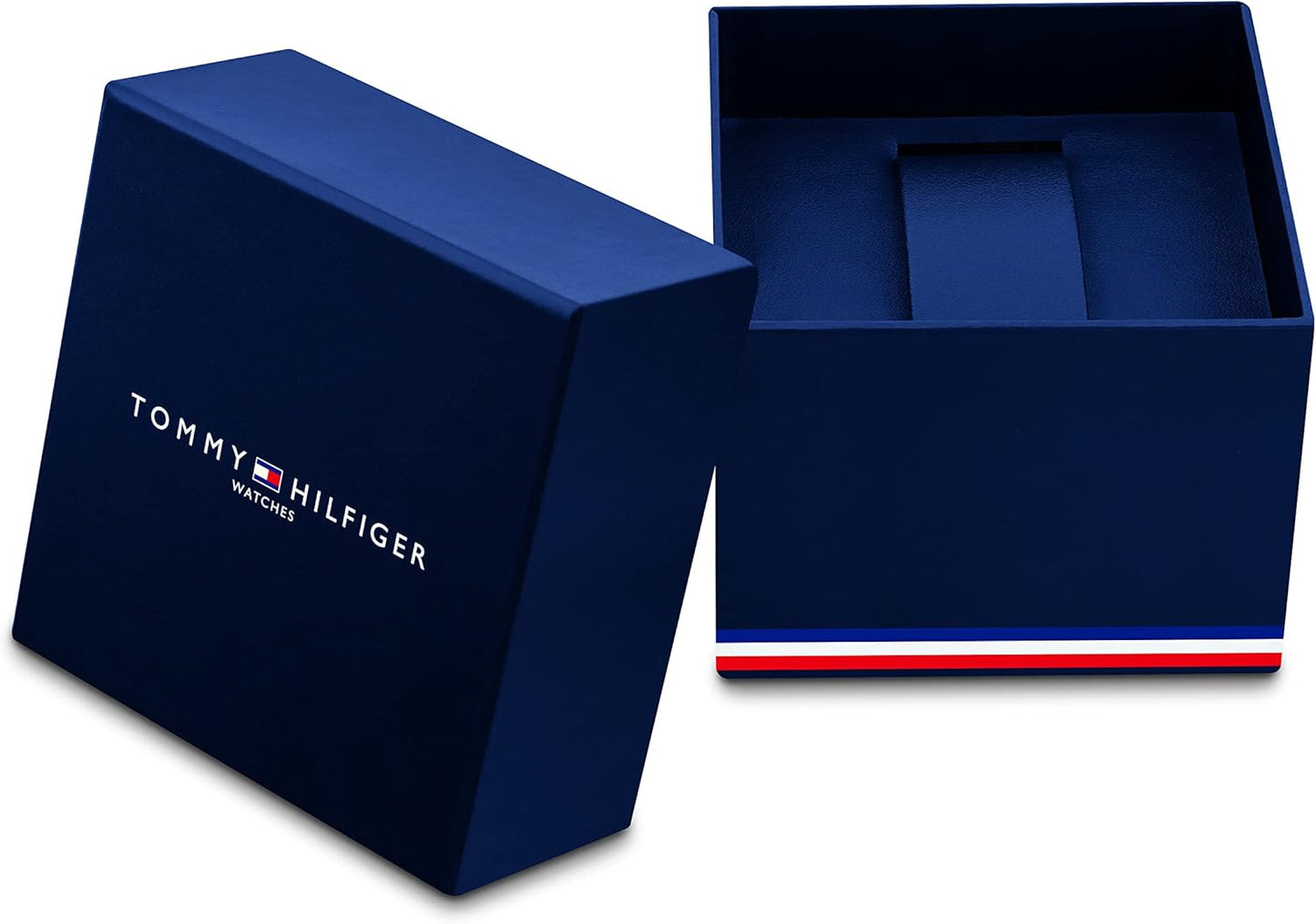 Caja original de reloj Tommy Hilfiger en color azul, abierta y cerrada, utilizada para presentación y entrega del producto.