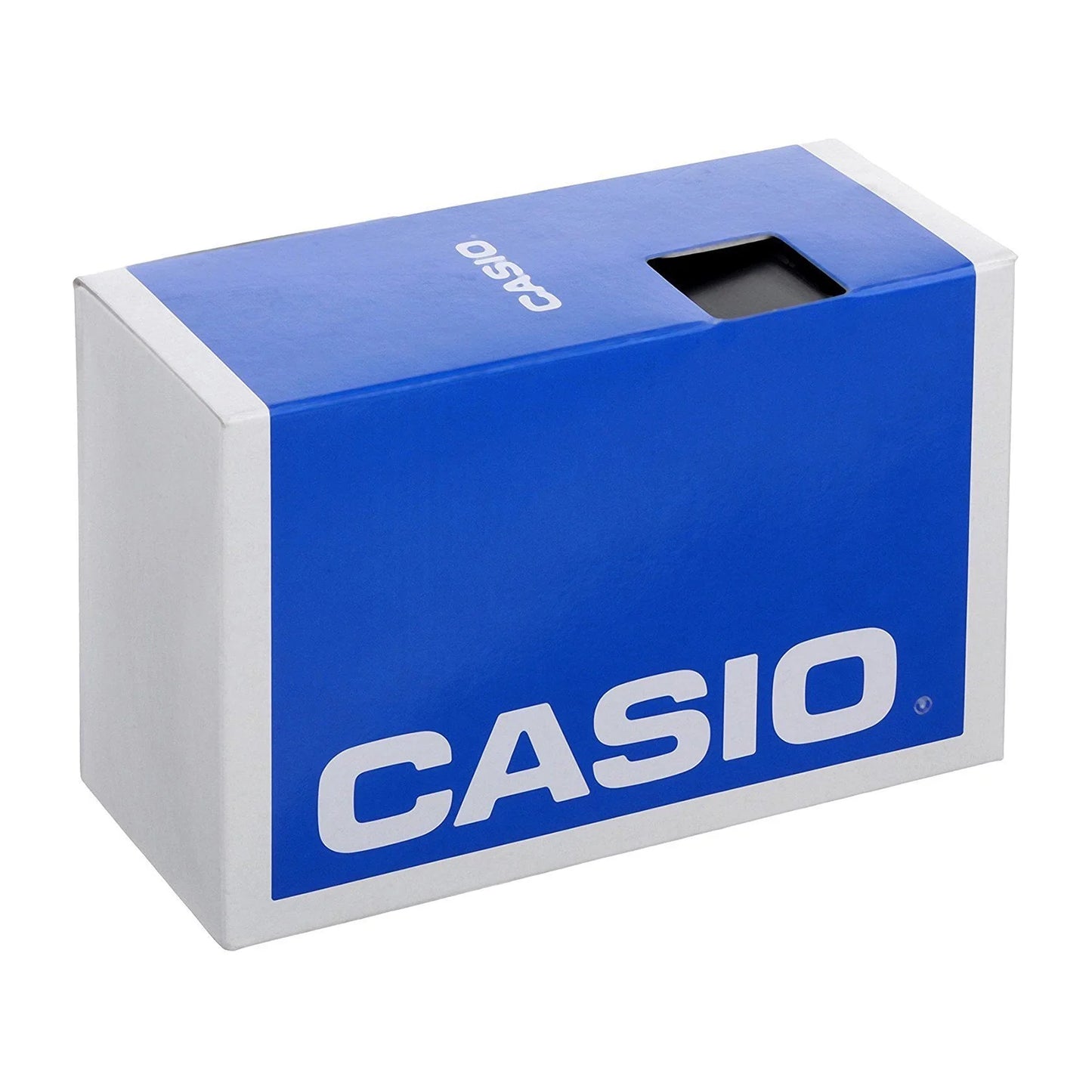 Caja original Casio azul y blanca, logo grande en la parte frontal, vista diagonal.