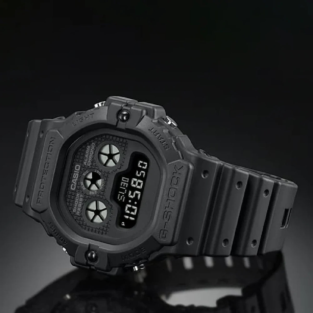 Casio G-Shock DW-5900UBB-1DR men's digital watch with matte black resin bezel, triple indicator eyes, and negative digital display