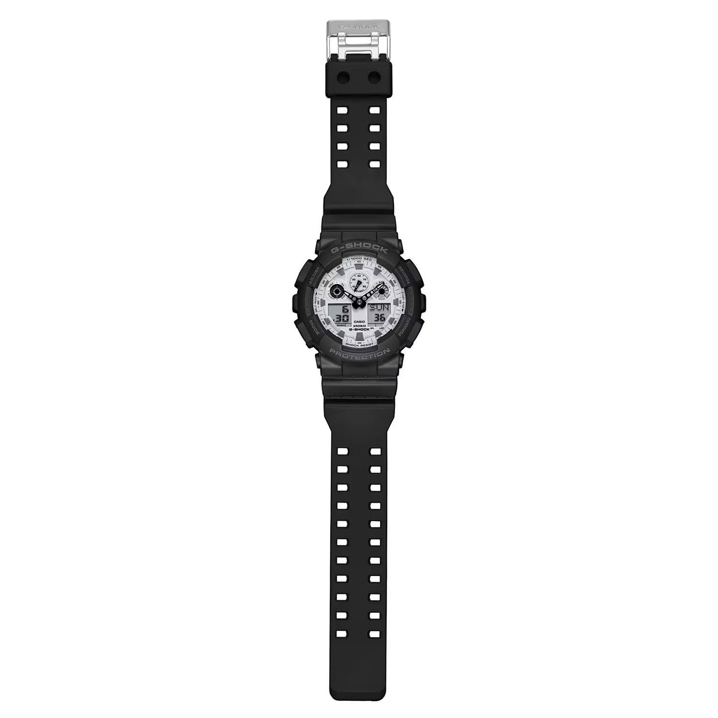 Casio G-Shock GA-100WD-1A full front with a white analog-digital dial, rugged black resin case, and matching black resin band with silver-tone buckle.