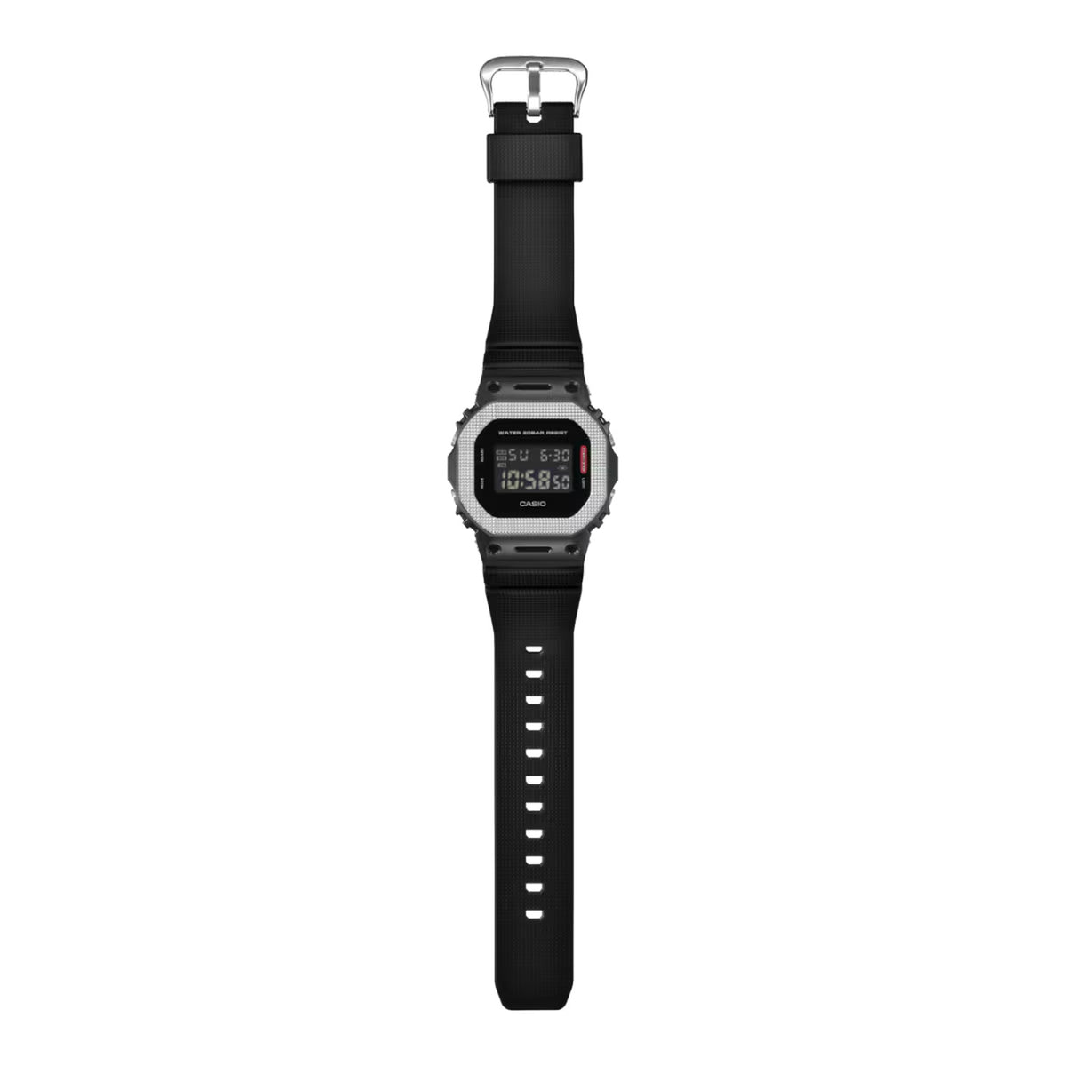 Casio G-Shock GM-5600BM-1 men's digital watch displayed flat with full black resin strap and buckle