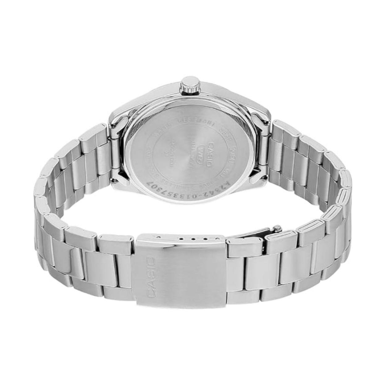 Casio MTP-1302DD-5AV with stainless steel caseback and stainless steel bracelet with clasp detail.