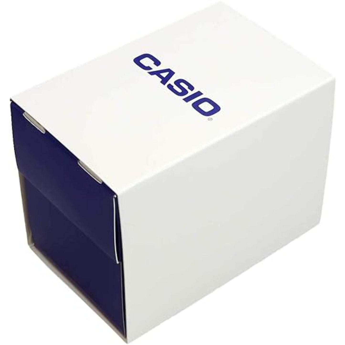 Original Casio watch presentation box in white and blue finish with Casio logo and compact packaging design.