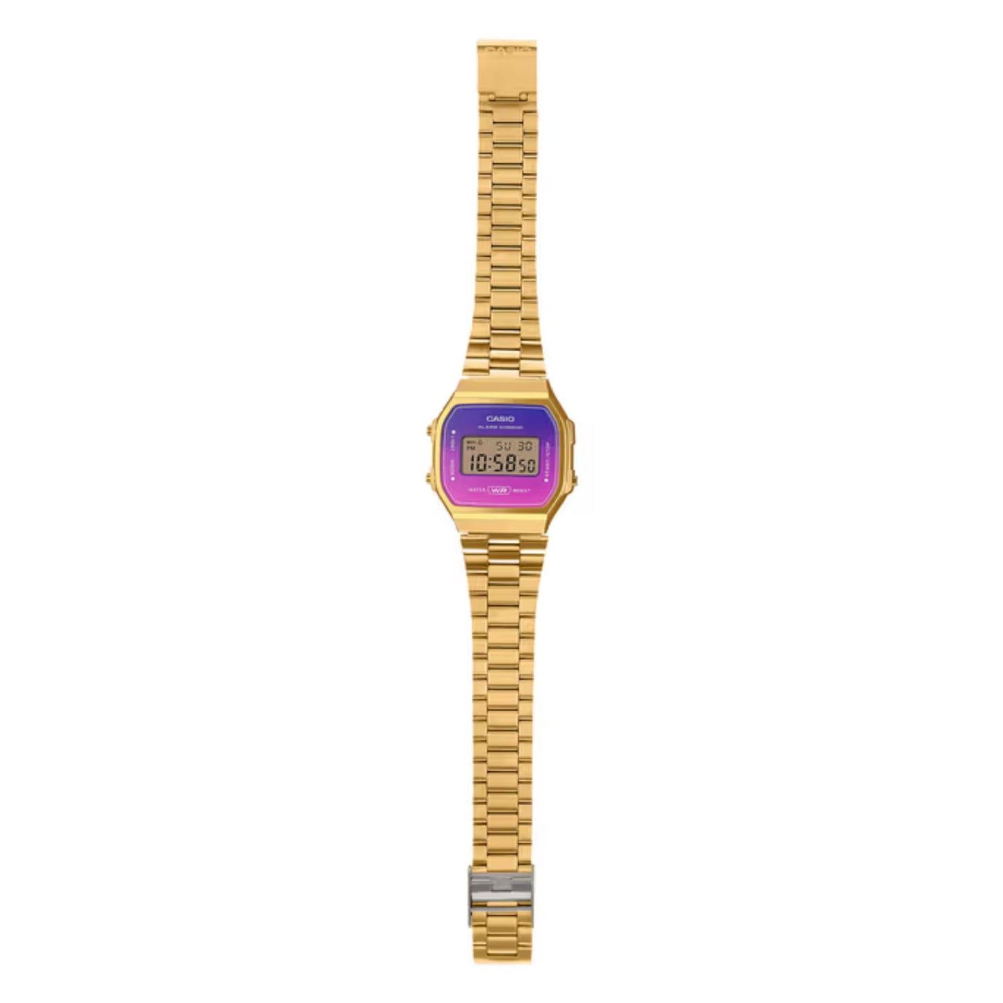 Casio Vintage A168WERG-2ADF full front with a blue, purple, and pink gradient digital display, gold-tone case, and matching stainless steel bracelet.