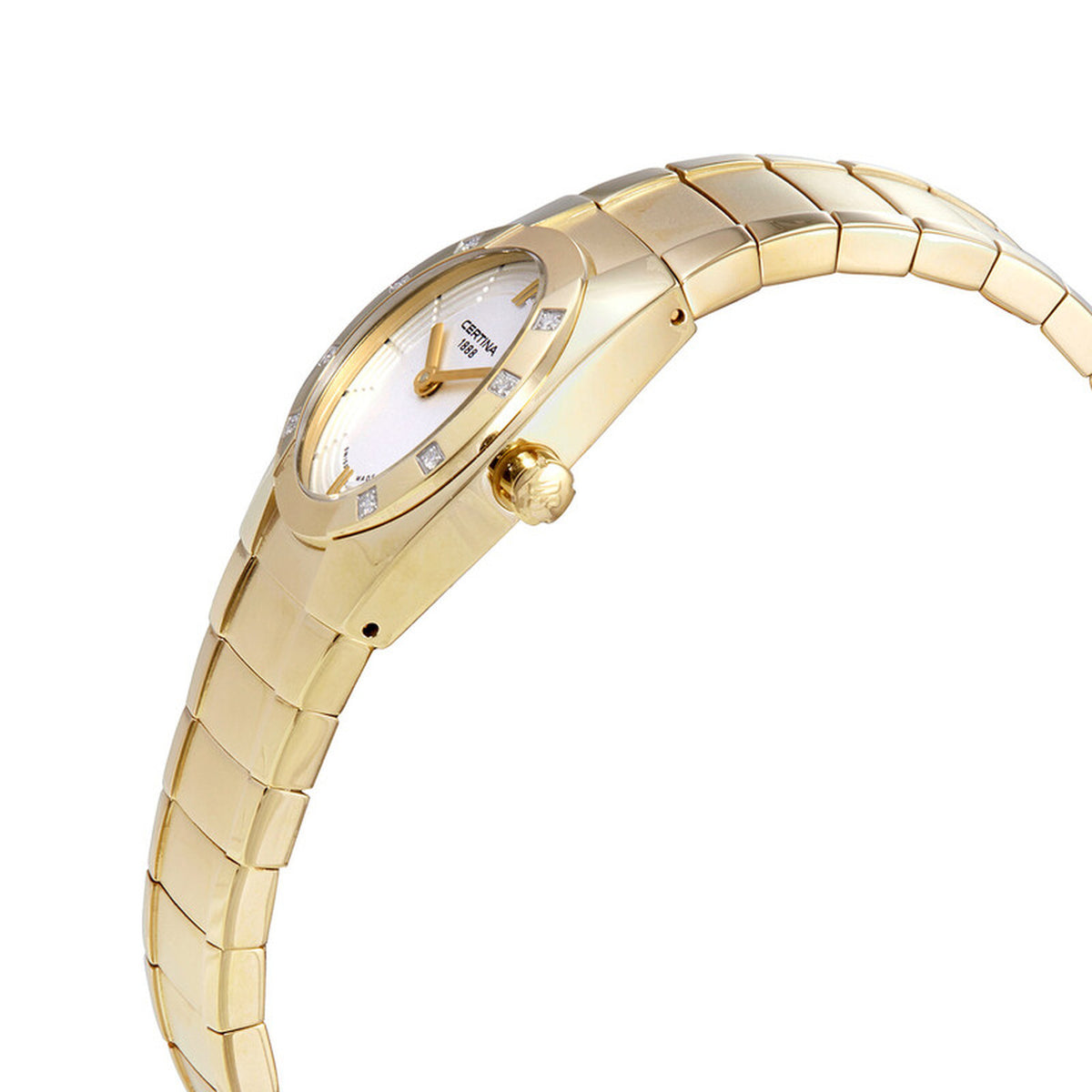 Certina DS Spel Mini Lady gold-tone watch profile showcasing the crown and curved bezel design