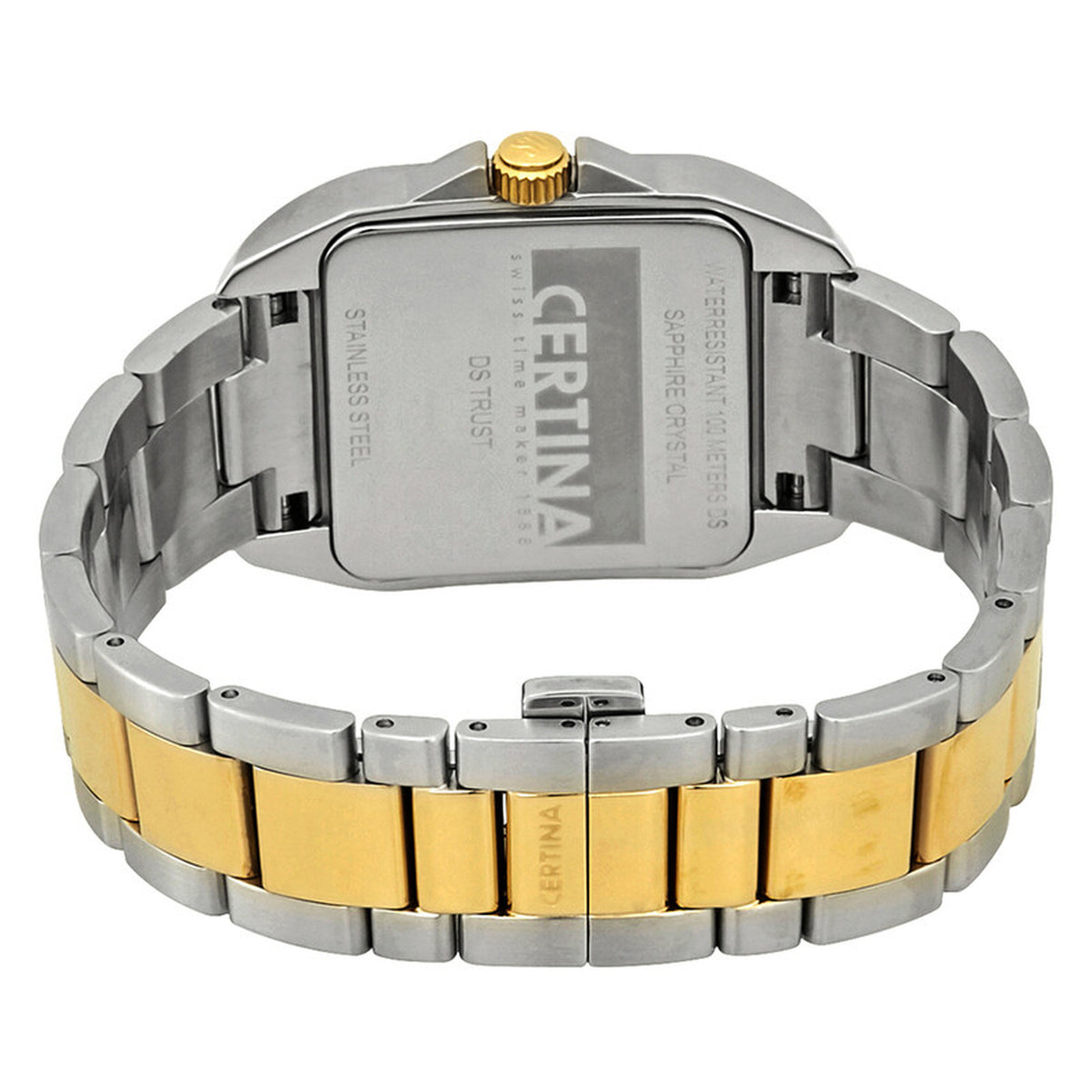 Certina DS Trust watch showing the stainless steel caseback and two-tone deployment clasp.