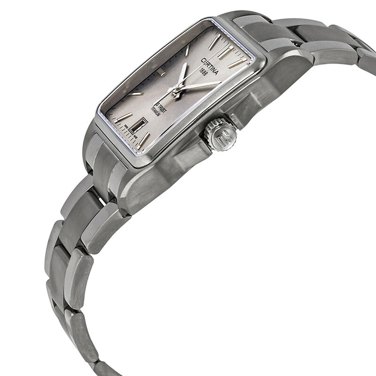 Certina DS Trust C019.510.44.081.00 with a silver dial, rectangular titanium case, signed crown, and matching titanium bracelet.