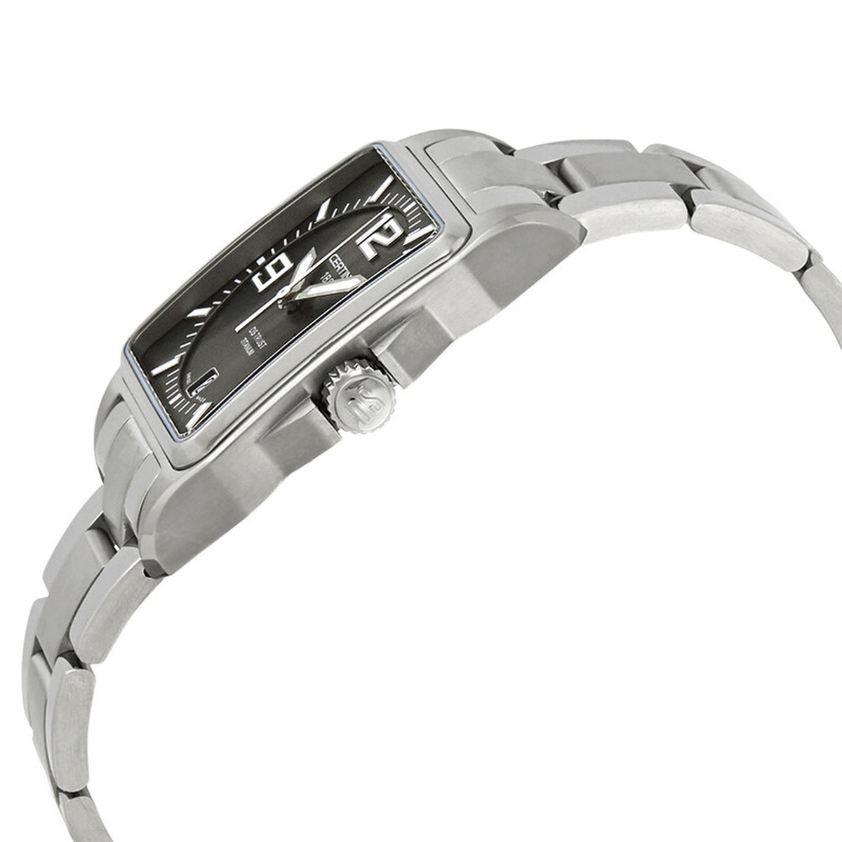 Certina DS Trust C019.510.44.087.00 with a grey dial, square titanium case, signed crown, and matching titanium bracelet.