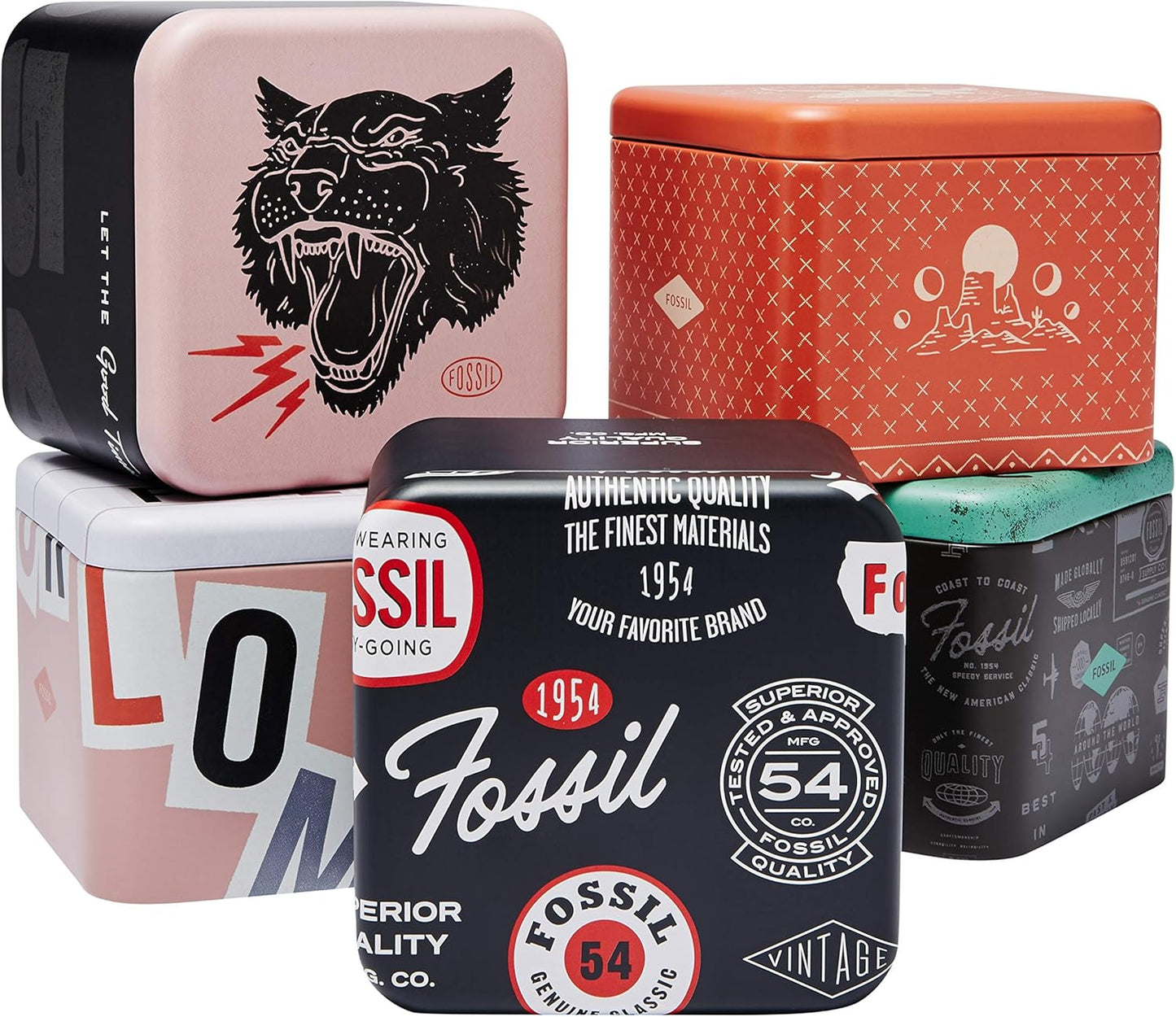 Cajas metálicas originales Fossil para reloj con diseño vintage y logotipos de la marca.