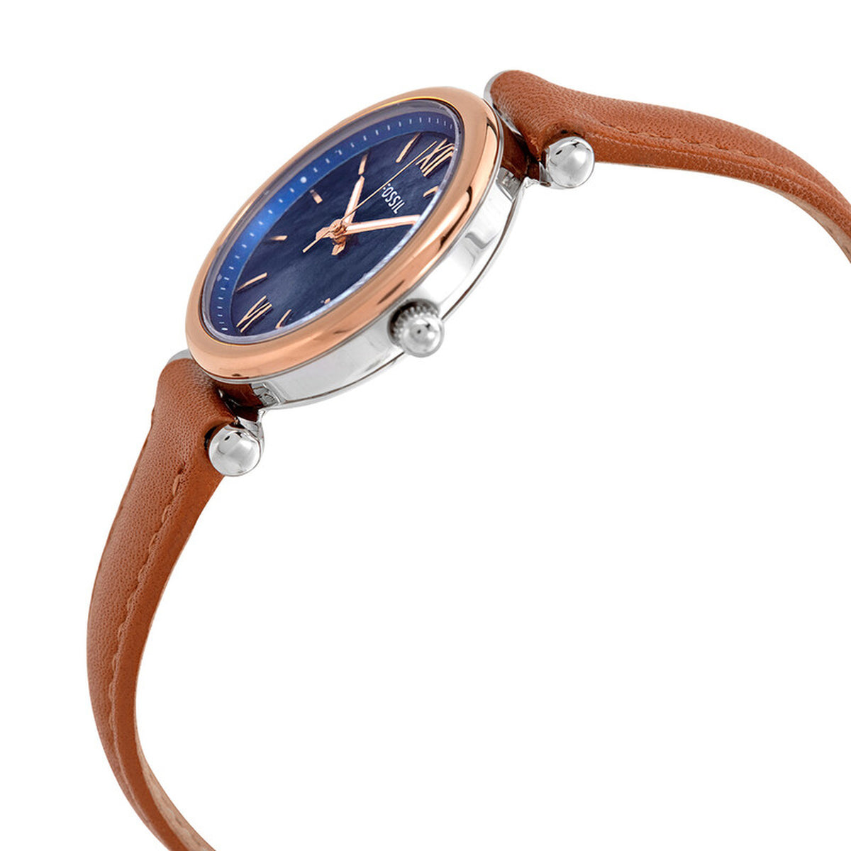 Fossil Carlie Mini ES4701 with a blue dial, rose gold-tone bezel, silver-tone case and crown, and brown leather strap.