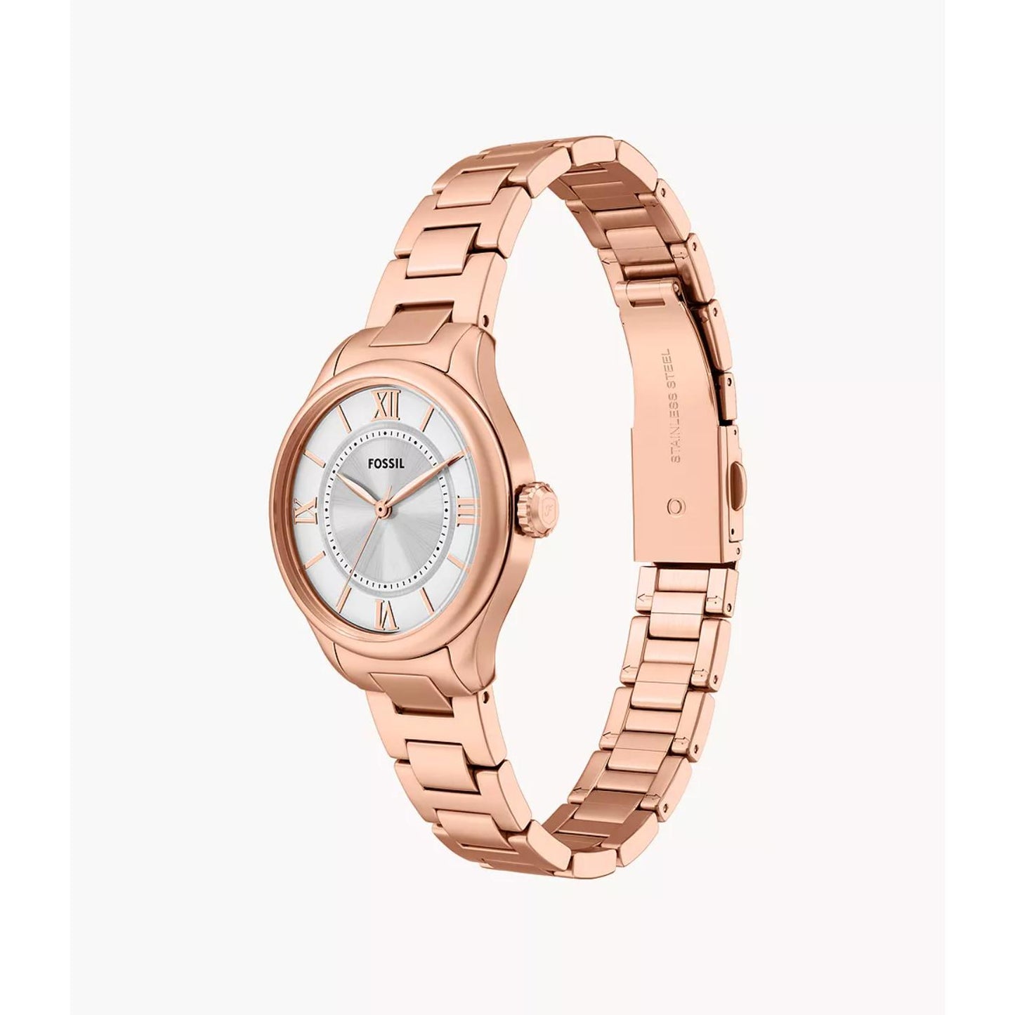 Fossil Gilmore ES5420 with silver dial, rose gold-tone Roman numeral markers, polished rose gold-tone case, and matching link bracelet shown in an angled view.