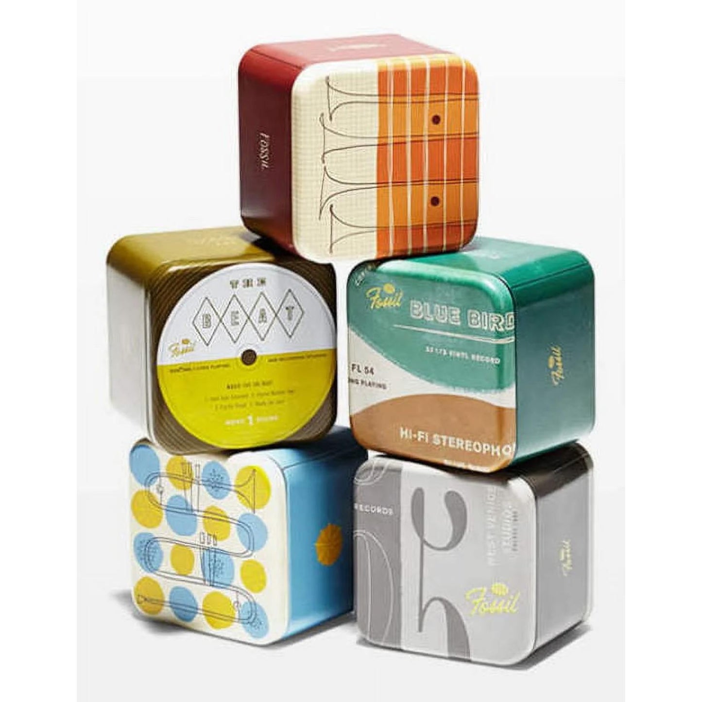 Fossil watch collectible tin boxes set with vintage style designs used for packaging and presentation