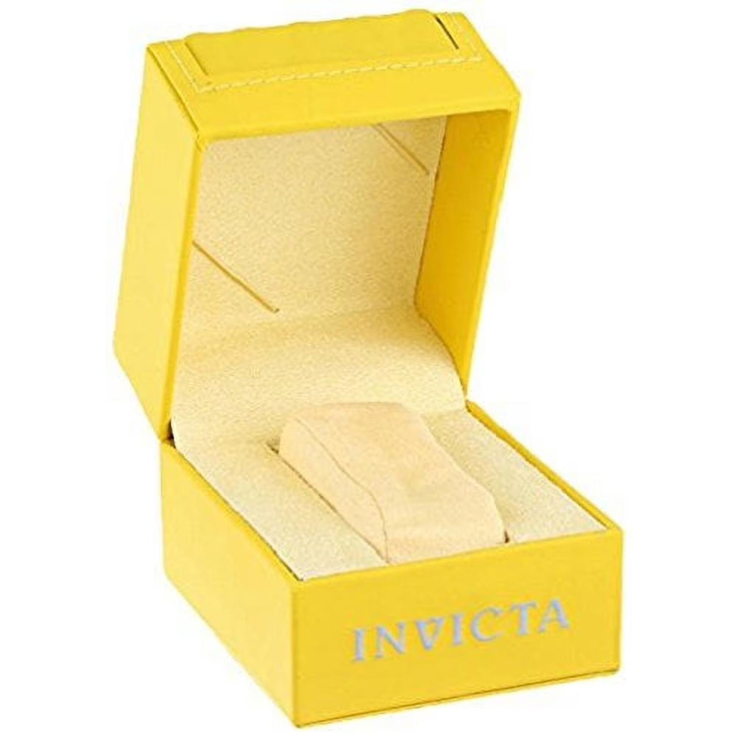 Original Invicta watch presentation box in yellow finish with padded interior display cushion and silver-tone Invicta logo.