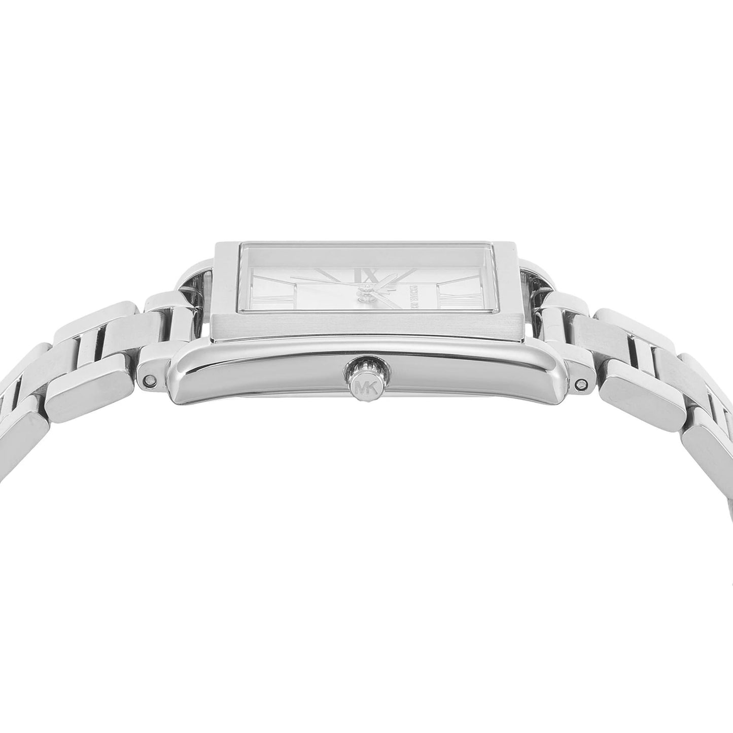 Michael Kors MK4906 Essex with slim rectangular silver-tone stainless steel case, engraved crown and polished link bracelet shown in side profile.