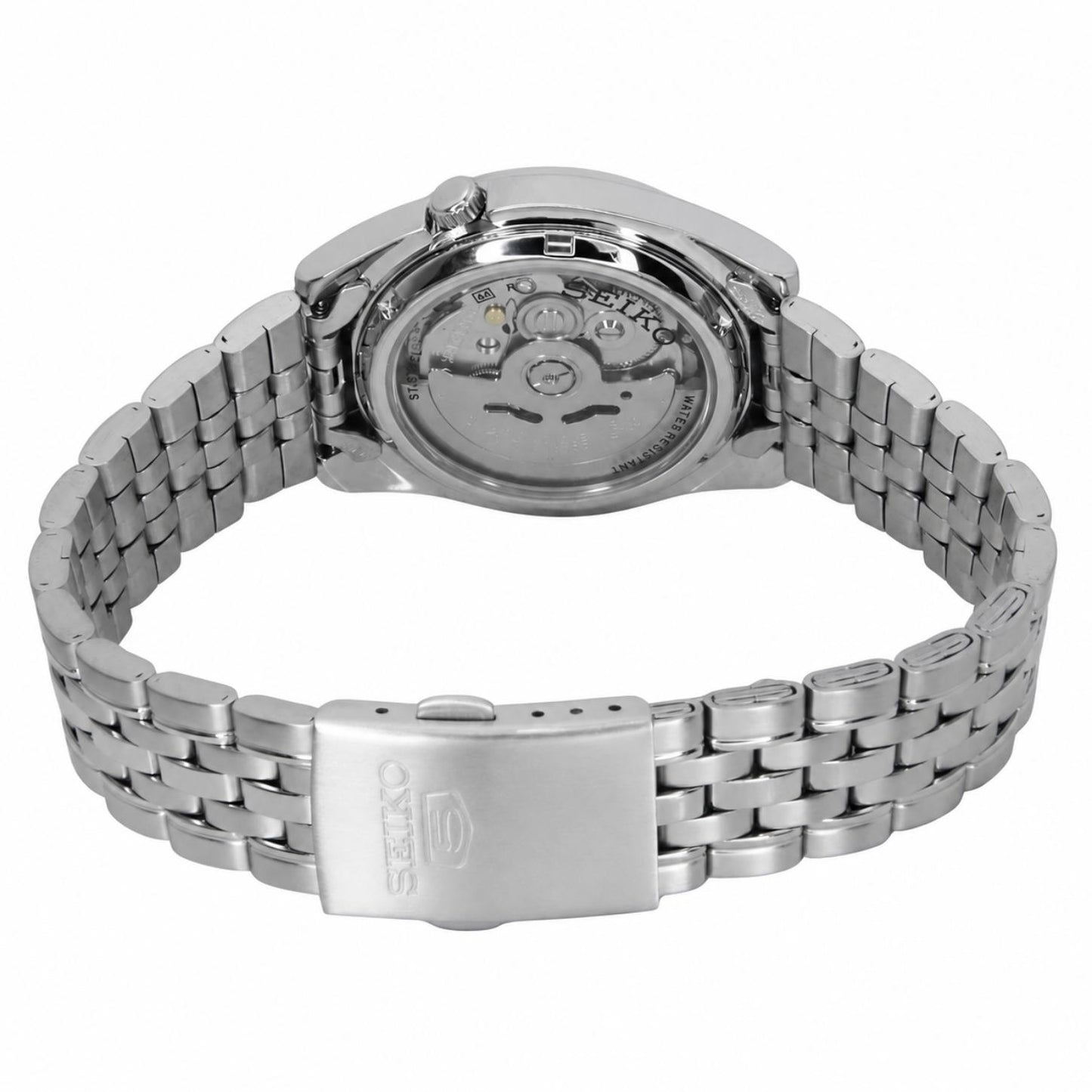 Rear view of the Seiko 5 SNK357K1 automatic watch showing the exhibition caseback, visible mechanical movement, stainless steel bracelet, and Seiko-branded clasp.