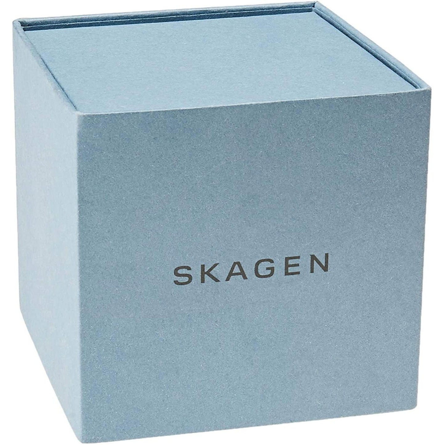 Skagen blue presentation watch box with matte finish and silver Skagen logo on the front panel.