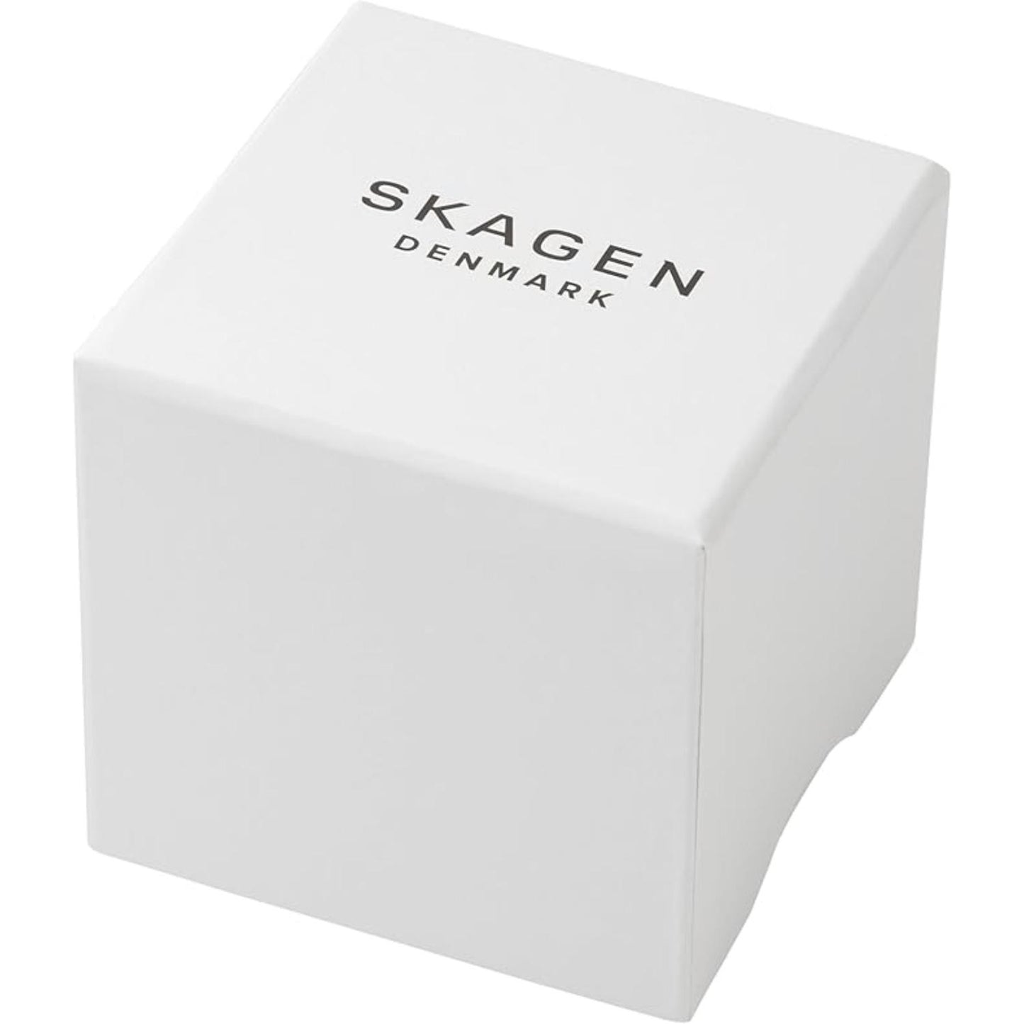 Original Skagen Denmark watch presentation box in white finish with minimalist Skagen branding on lid.