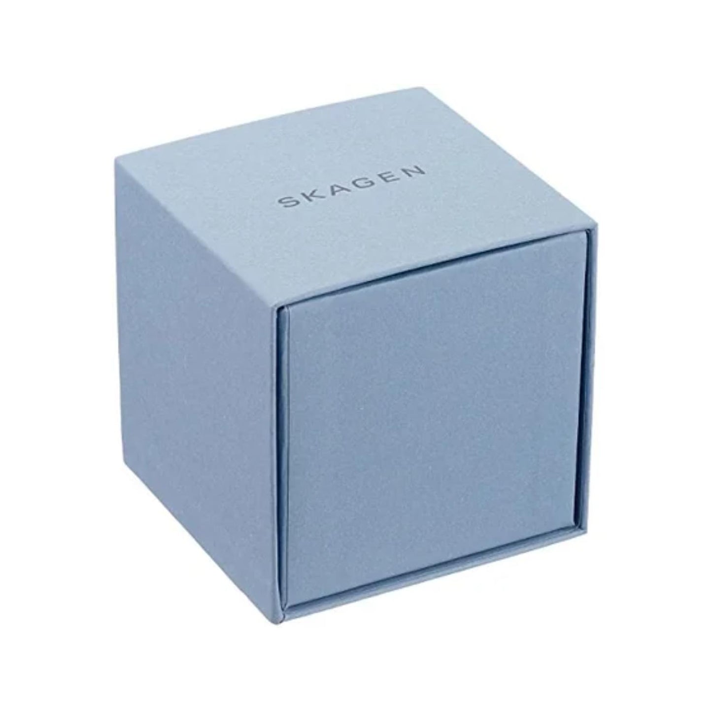 Skagen blue presentation watch box with minimalist square design and embossed Skagen logo on the lid.