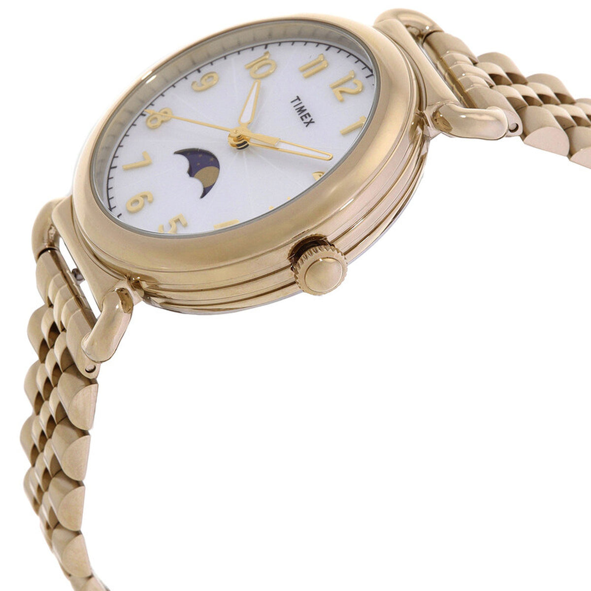 Timex Trend TW2T89500VQ with a mother-of-pearl dial, moonphase display, gold-tone Arabic numeral hour markers, gold-tone case, crown, and matching bracelet.