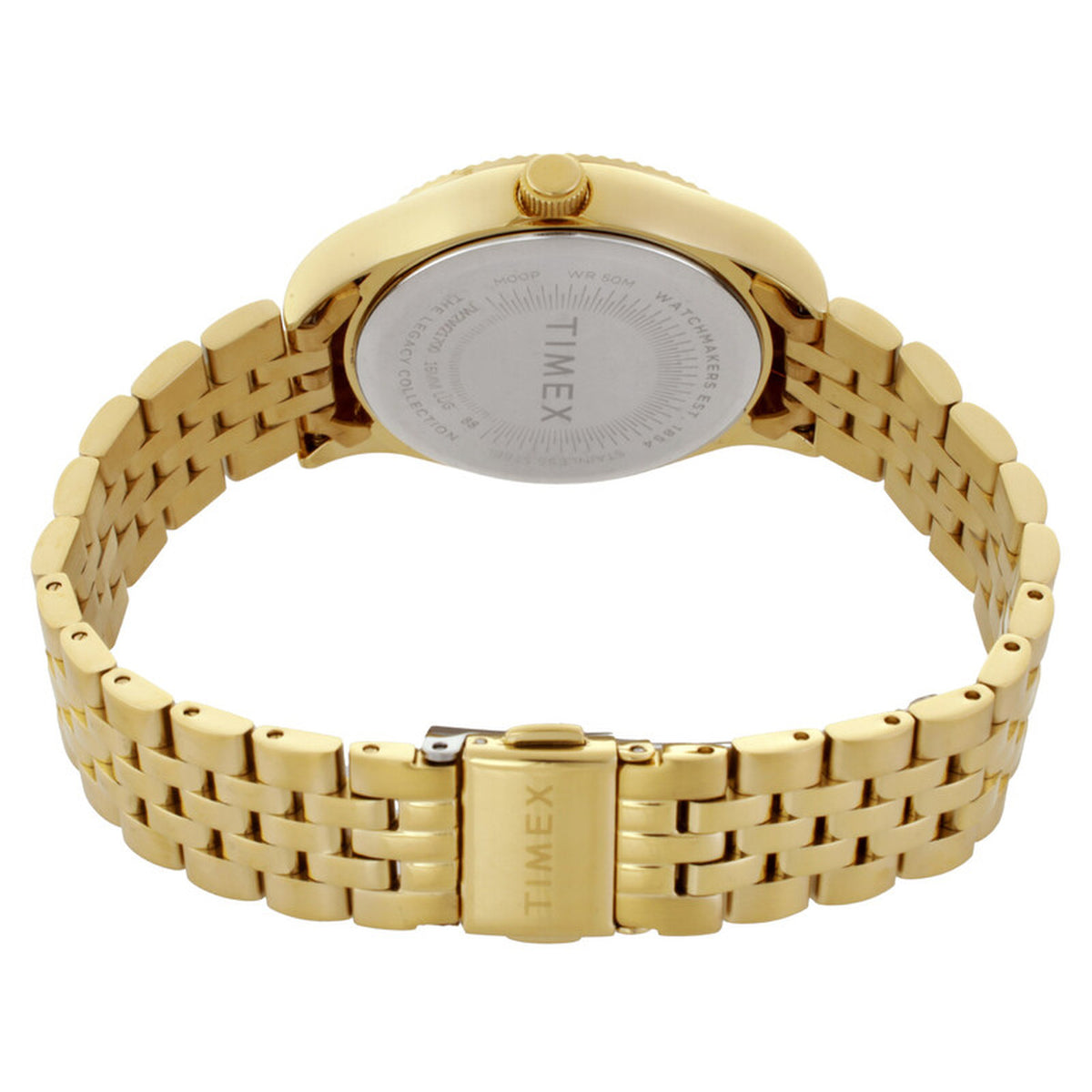 Timex Waterbury Celestial Legacy TW2W21700 with engraved silver-tone caseback, gold-tone crown, matching multi-link bracelet, and Timex-branded folding clasp.