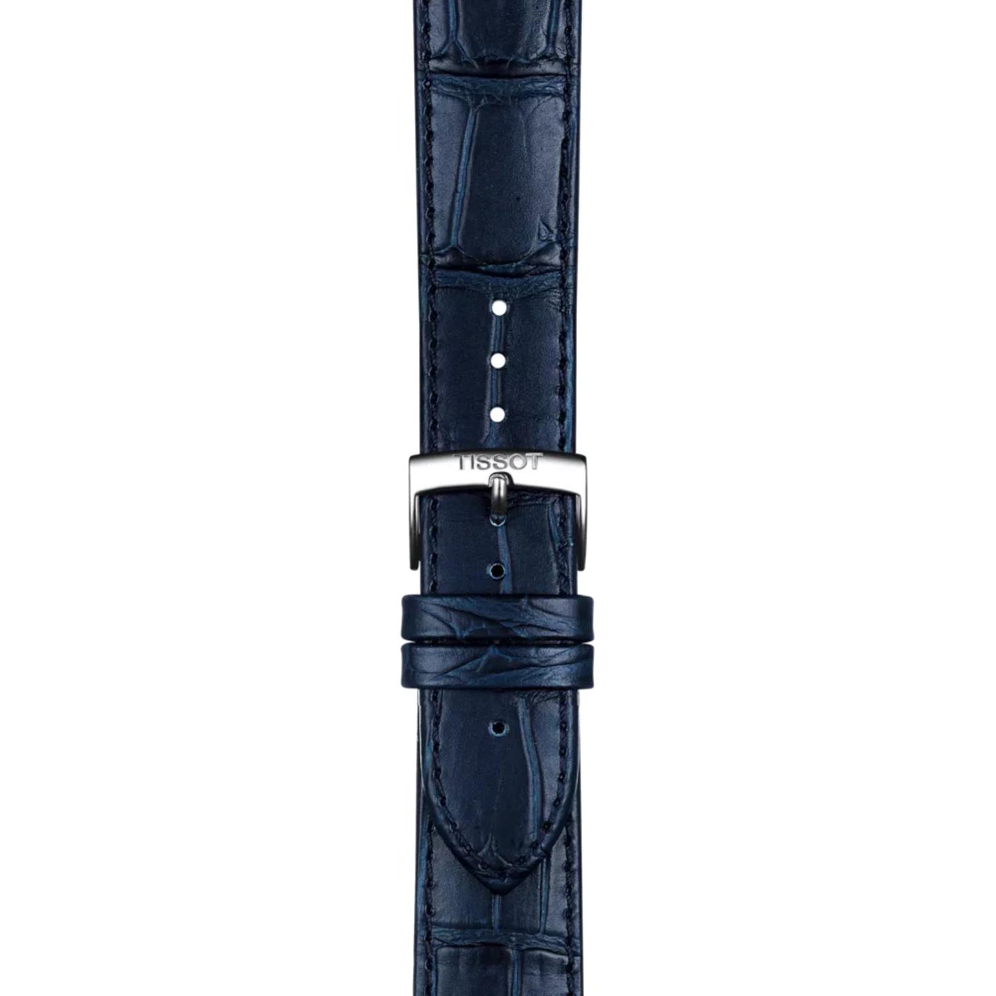 Close-up of the blue alligator-grain leather strap and stainless steel buckle of the Tissot Carson Premium Powermatic 80 T122.407.16.043.00, highlighting the premium leather texture, stitching, and signed Tissot clasp.