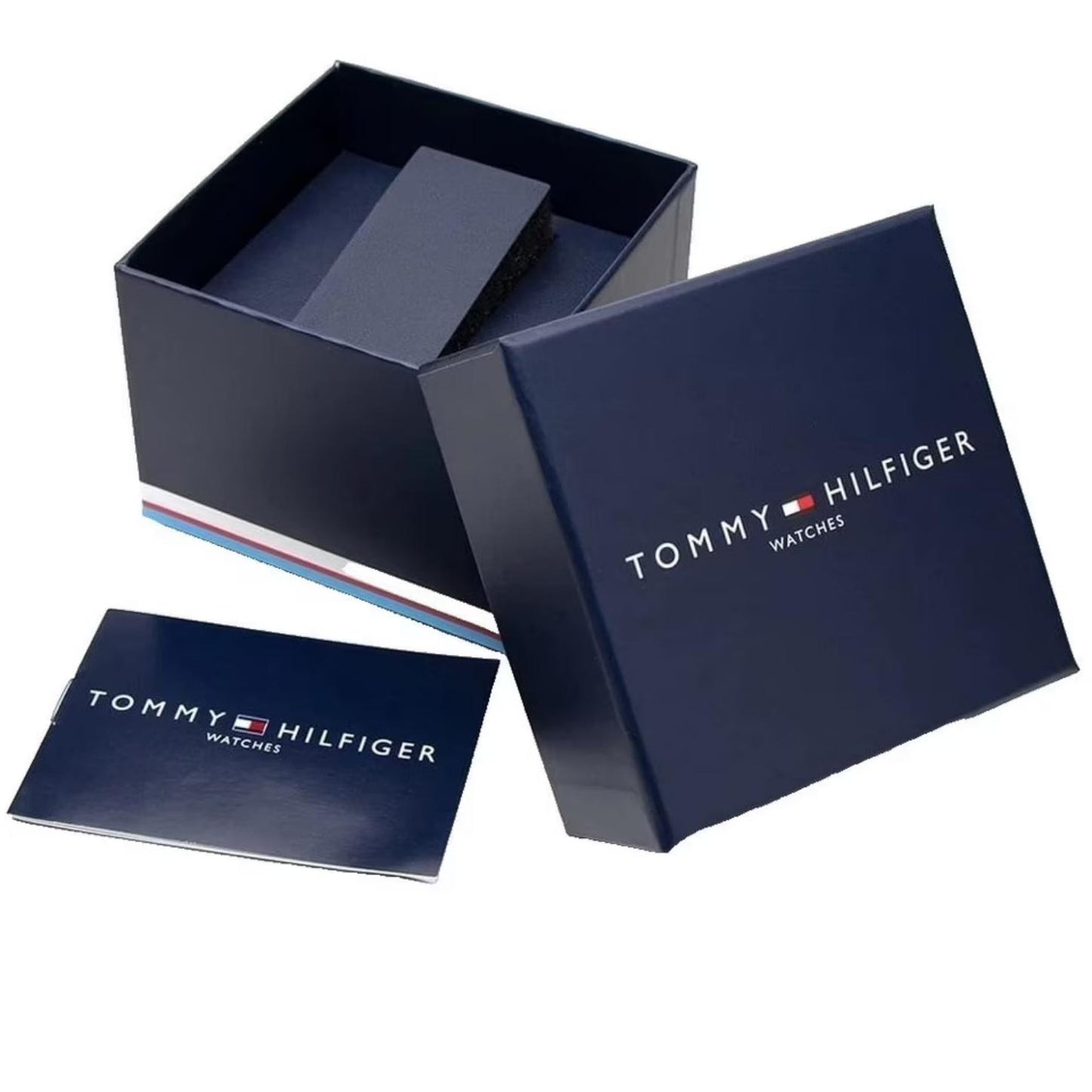 Tommy Hilfiger Watches presentation box set in navy blue with branded packaging and warranty booklet included.