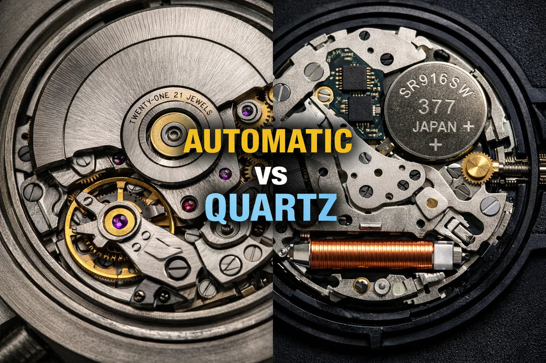 Side-by-side close-up of an automatic watch movement and a quartz watch movement for an Automatic vs Quartz comparison.