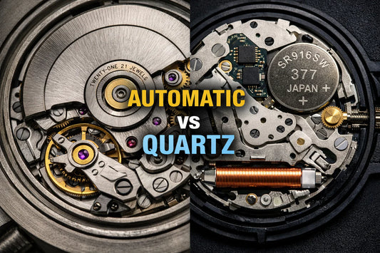 Side-by-side close-up of an automatic watch movement and a quartz watch movement for an Automatic vs Quartz comparison.