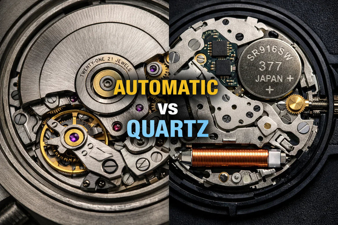 Side-by-side close-up of an automatic watch movement and a quartz watch movement for an Automatic vs Quartz comparison.