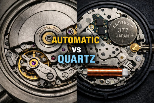 Side-by-side close-up of an automatic watch movement and a quartz watch movement for an Automatic vs Quartz comparison.