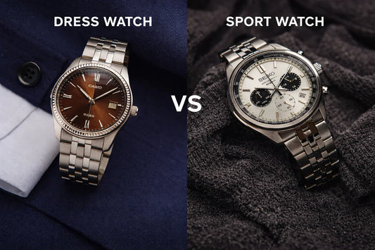 Comparison between a dress watch and a sport watch, showing a clean minimalist design versus a chronograph sports style
