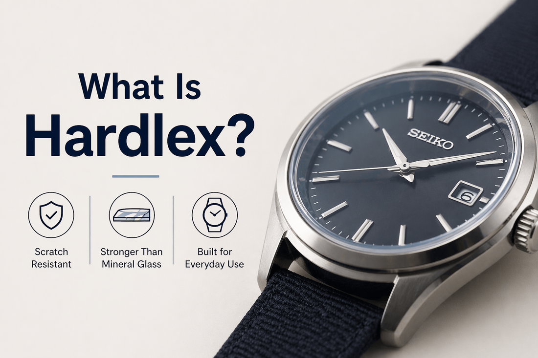 Close-up of Seiko watch with Hardlex crystal explaining scratch resistance, durability and everyday use benefits