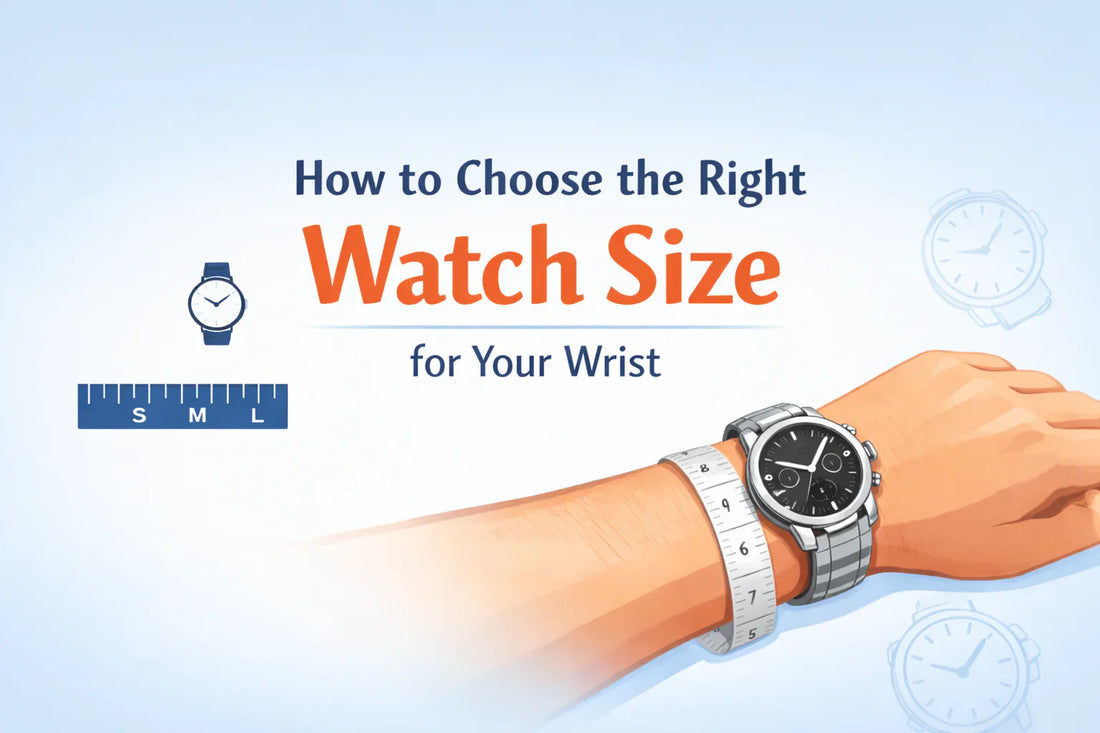 Illustration showing how to measure wrist size for choosing the right watch size, with a measuring tape around the wrist and watch size guide elements.