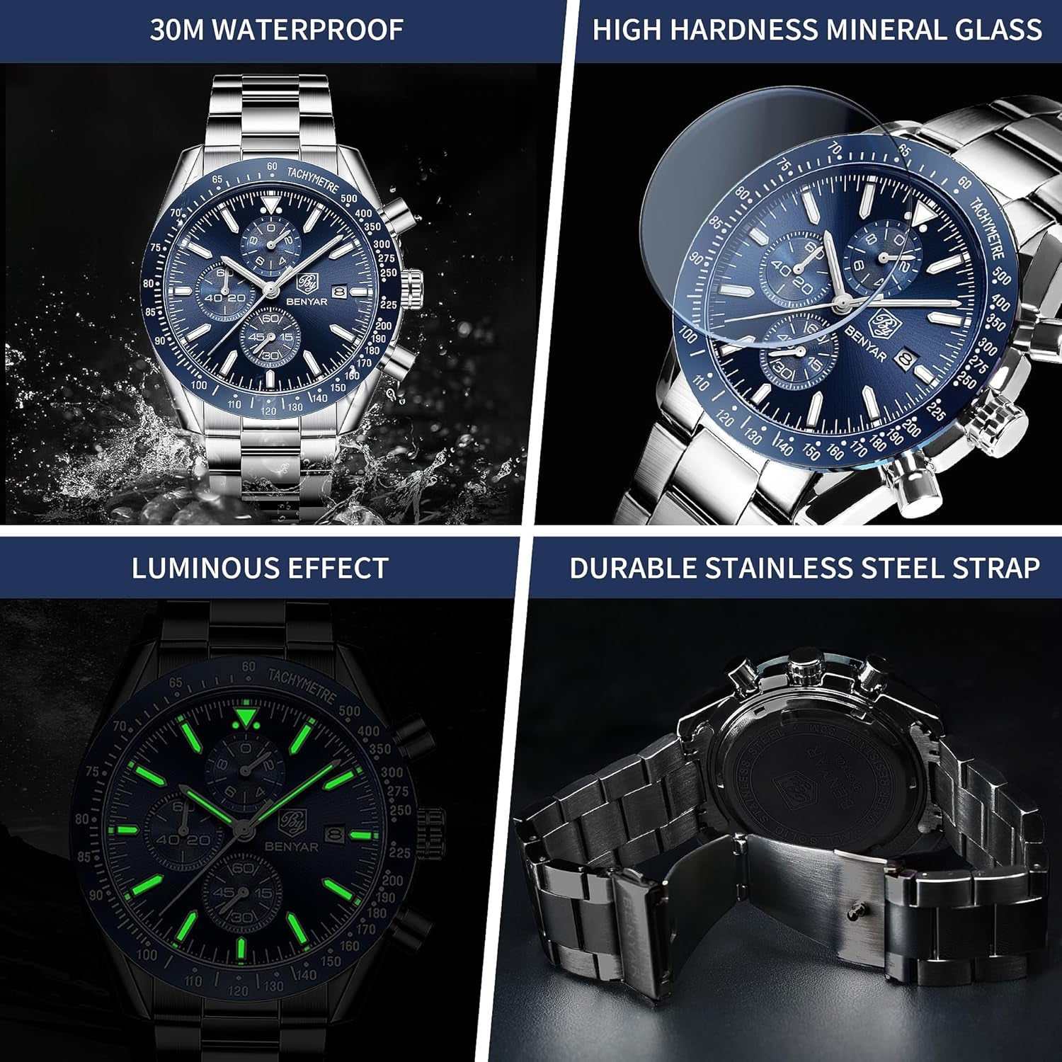 BY BENYAR Relojes Para Hombre Cronógrafo Analógico Movimiento De Cuarzo Impermeable Luminoso Fecha Reloj De Pulsera Negocios Casual Diseñador Relojes Elegante Regalo Para Hombres