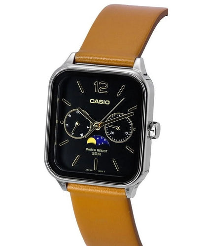 Standard Analog Moon Phase Leather Strap Black Dial Quartz MTP-M305L-1A Men'S Watch