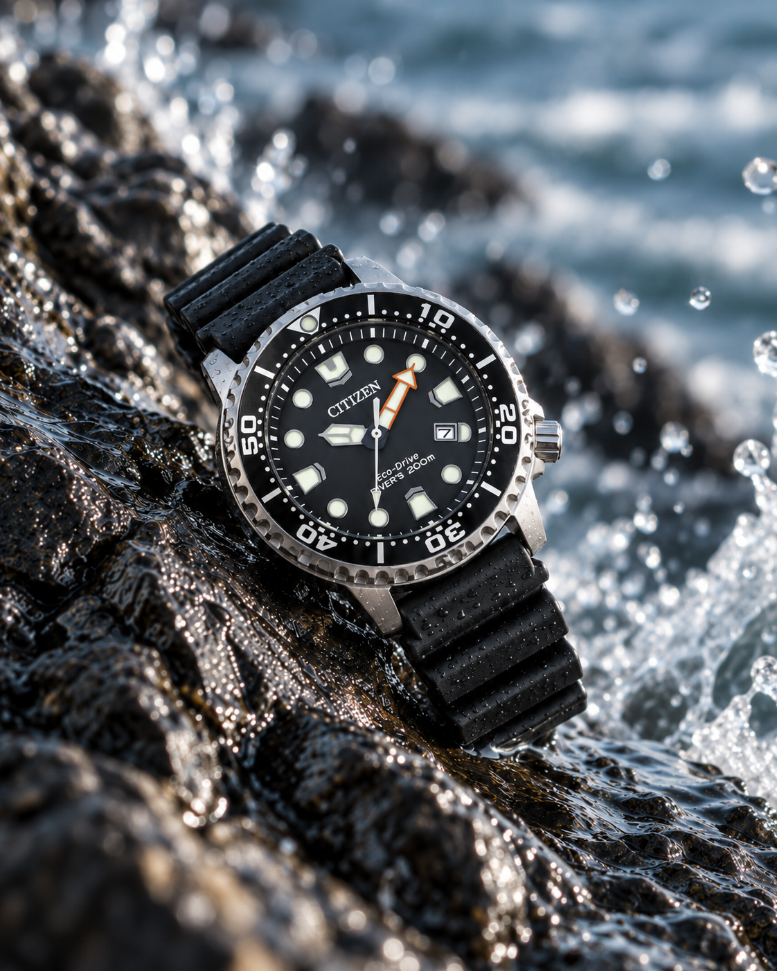 Citizen Promaster dive watch with black dial photographed on coastal rocks