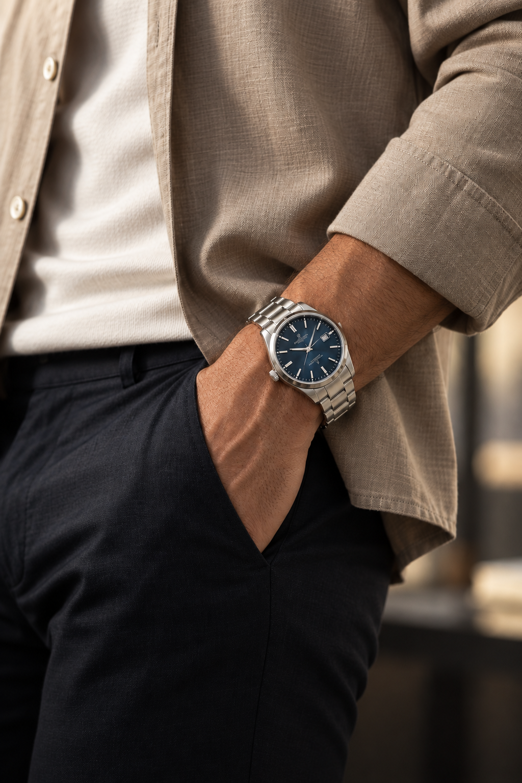 Tissot men's watch with black dial and steel bracelet worn on a wrist