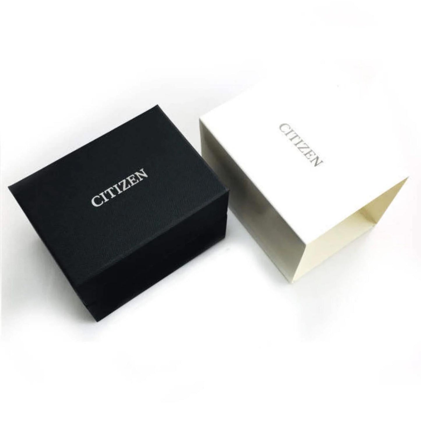 Citizen original watch boxes in black and white with branded packaging.