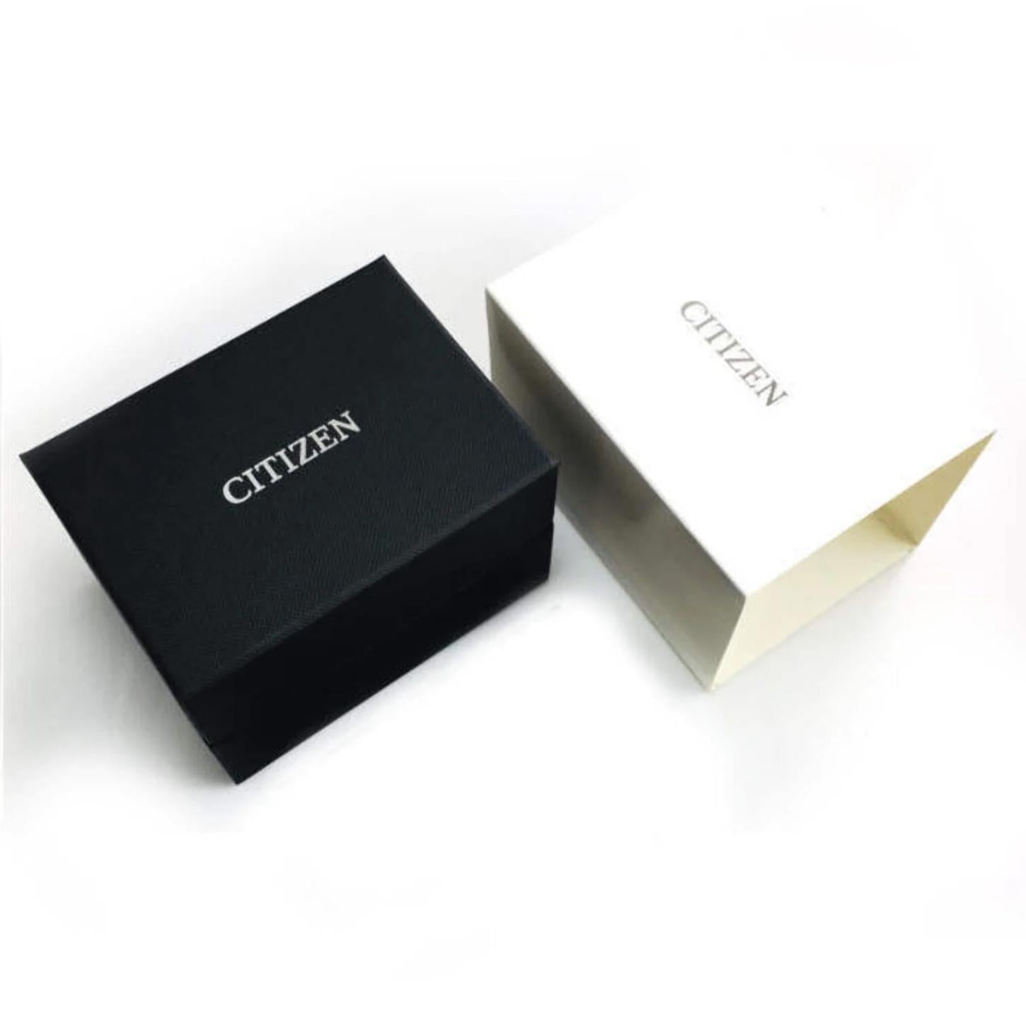 Citizen original watch boxes in black and white with branded packaging.
