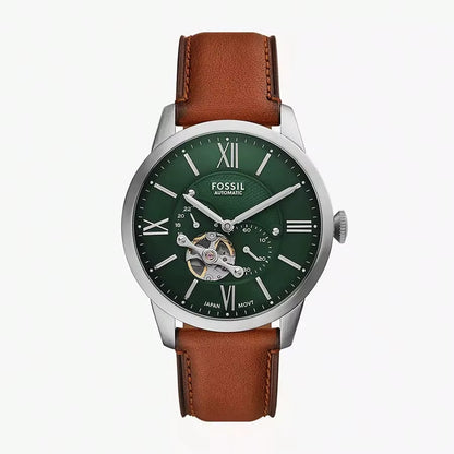 Reloj Fossil Townsman automático ME3265, esfera verde open heart, correa de piel marrón y caja de acero.