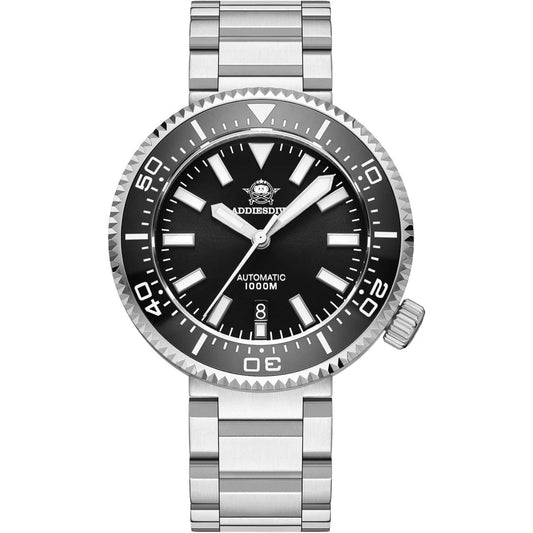 reloj Addiesdive automático con brazalete de acero inoxidable, esfera negra, índices luminiscentes y bisel giratorio de buceo