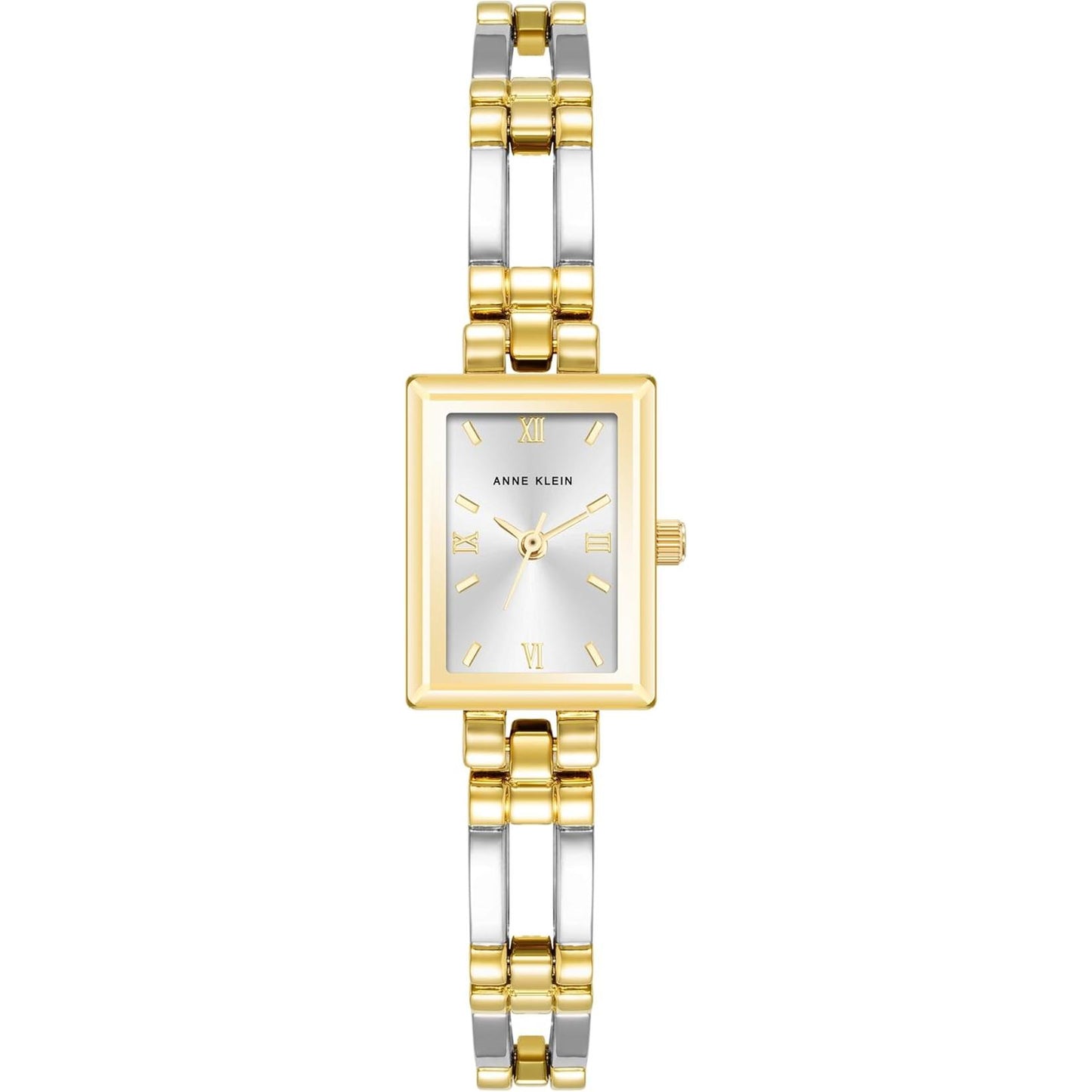 Reloj Anne Klein 10/4899SVTT vista frontal, caja rectangular dorada y brazalete bicolor oro y plata con esfera plateada.