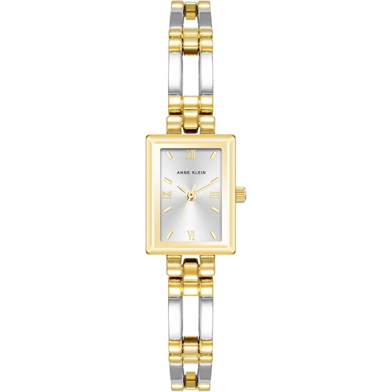 Reloj Anne Klein 10/4899SVTT vista frontal, caja rectangular dorada y brazalete bicolor oro y plata con esfera plateada.