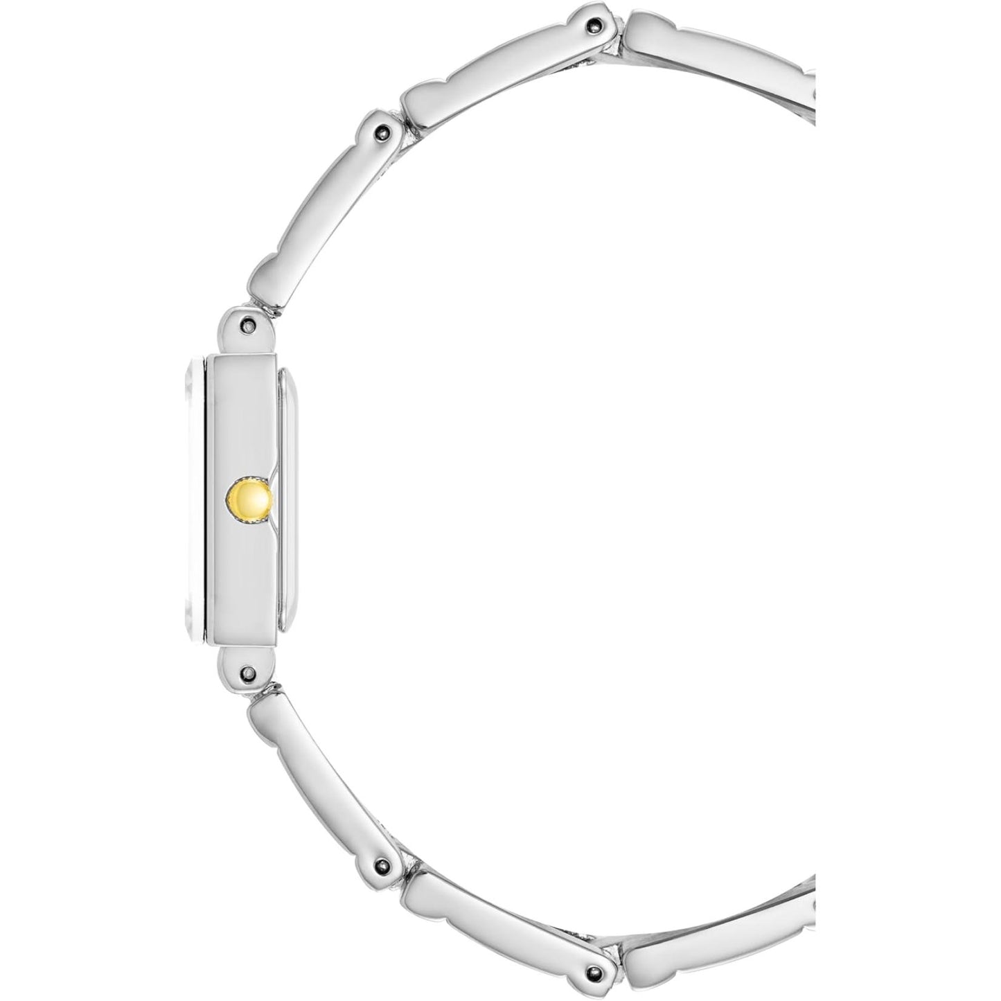 Vista lateral del reloj Anne Klein 10/4899SVTT, caja rectangular plateada con corona dorada y brazalete metálico fino
